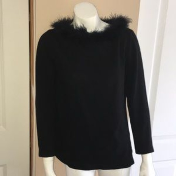 Nina Leonard Black Wool Feathers sweater NORDSTROM Fringe hem - Picture 3 of 7